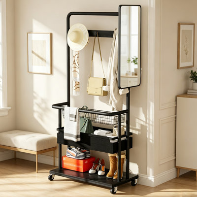 Rolling Hall Tree with Full‑Length Mirror, 67 Inch Freestanding Coat Rack with Lockable Wheels, Fabric Storage Basket & Shoe Shelf, Industrial Entryway Coat Stand with Hooks for Bedroom Apartment