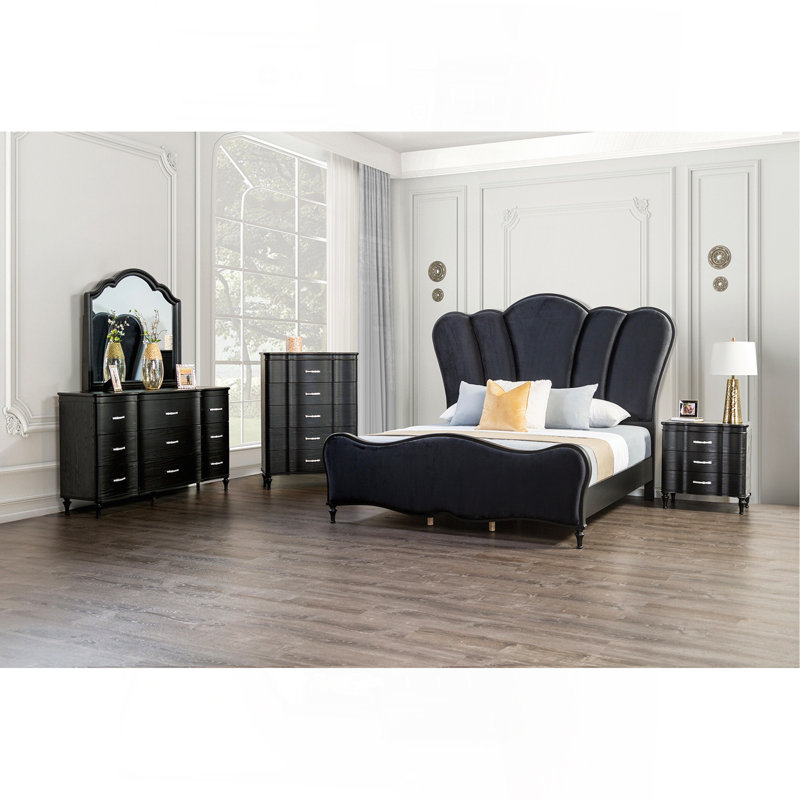 Finition glamour 1 pièce Commode courbée à pleine extension avec poignées en acrylique et pieds en bois tournés, Noir