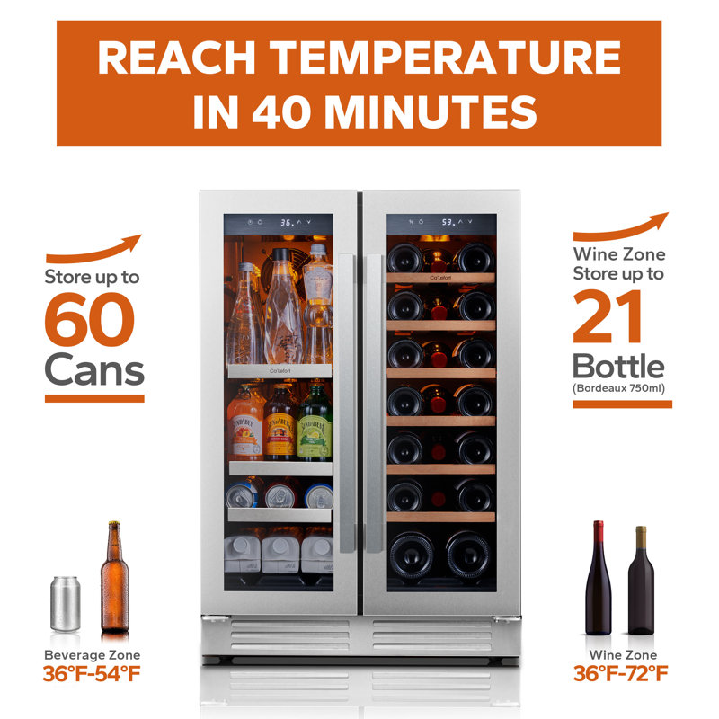 24 Inch Built-In Wine and Beverage Refrigerator, Dual Zone Wine Fridge, 20 Bottle & 80 Can Under Counter Wine Cooler