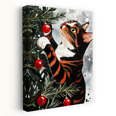 Playful Christmas Cat Playful Abstract Contemporary Christmas Tree Cat Winter Landscape Wall Art Print 1 Piece Wrapped Canvas Wall Art