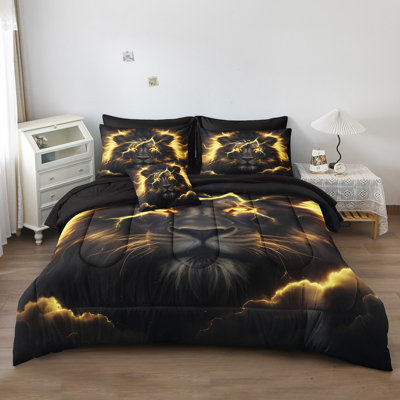 Lion King Comforter Set Black and Gold Bed in a Bag Golden Loin Bed Set Home Decor 8 Pcs Black Sheet Set Wild Animal Comforter Set with 1 Cushion Cover