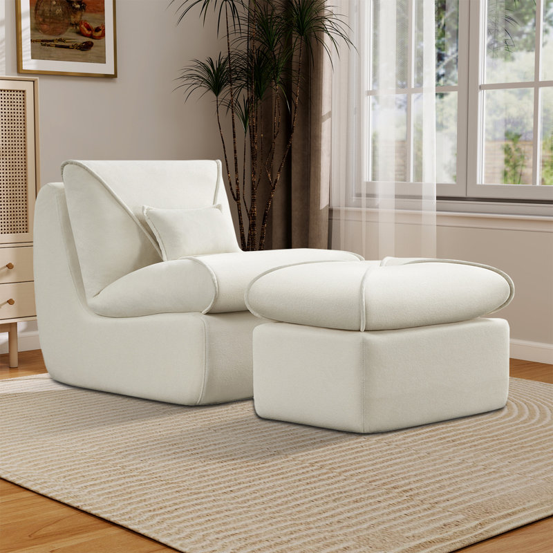 Fauteuil d'appoint rembourré avec repose-pieds Modern, Chenille beige