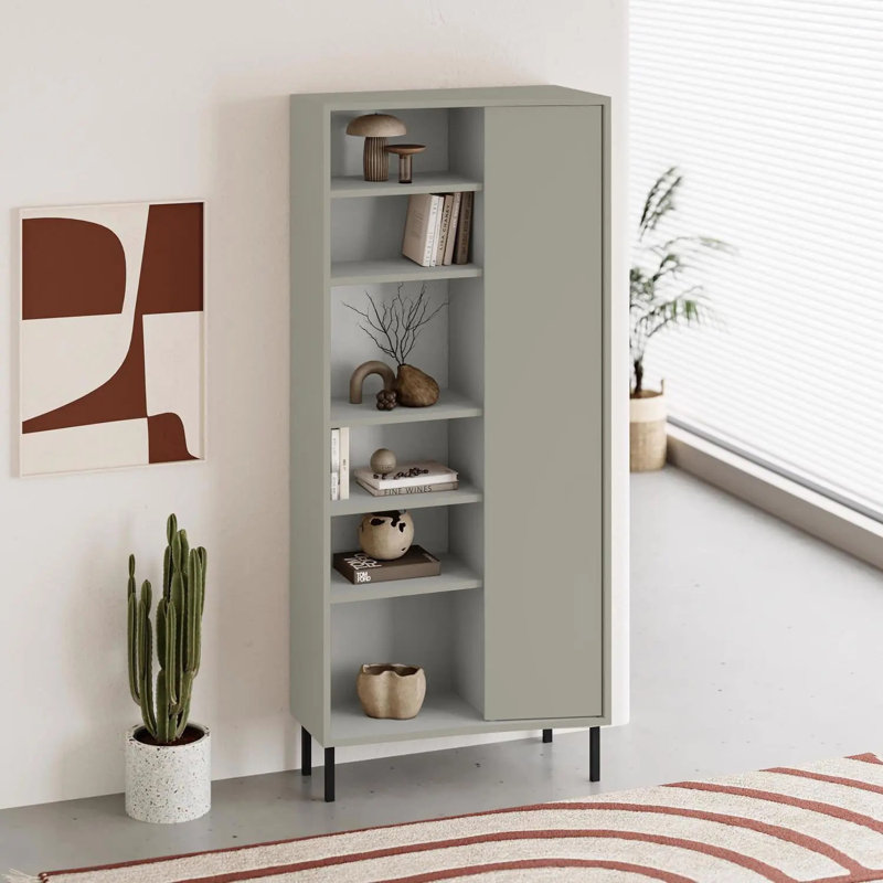 Tahereh Curved 5 Tier Tall Bookcase With 1 Door – 175.5 Cm, Green