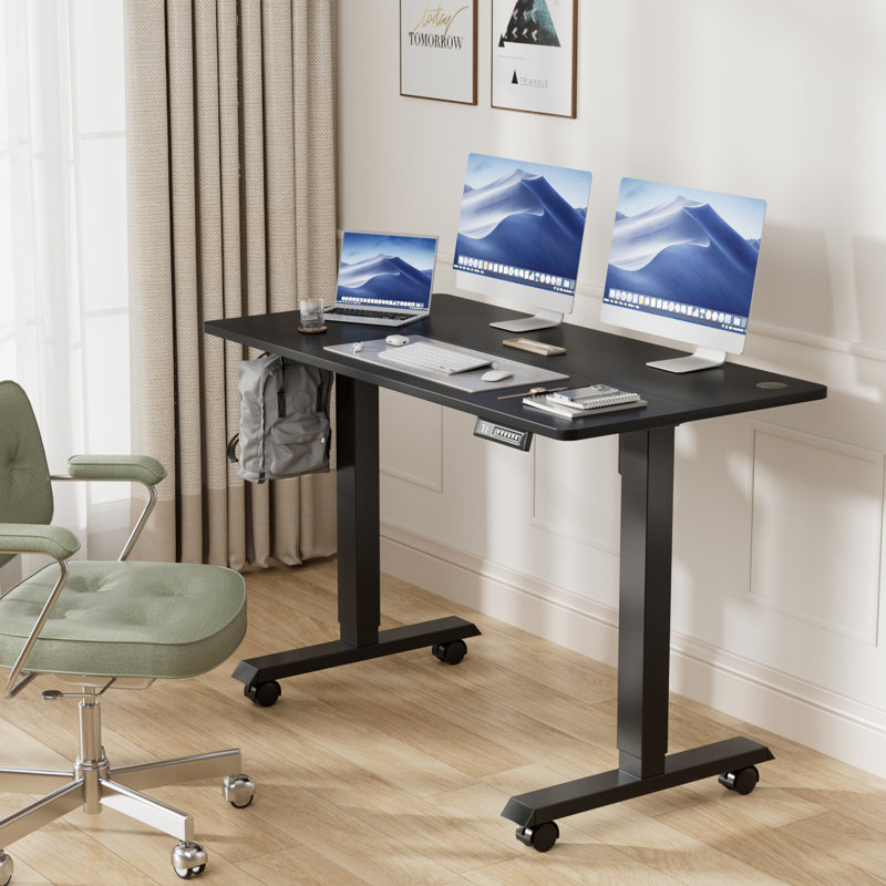 Bureau debout électrique à hauteur ajustable avec 4 roulettes verrouillables, H 27,95 po x l 48 po x P 24 po, Noir / Noir