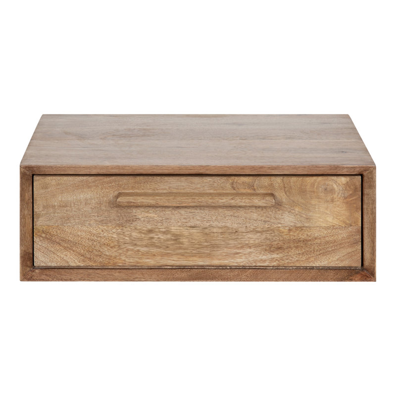 Natural Mango Wood Floating Wall Shelf with Drawer