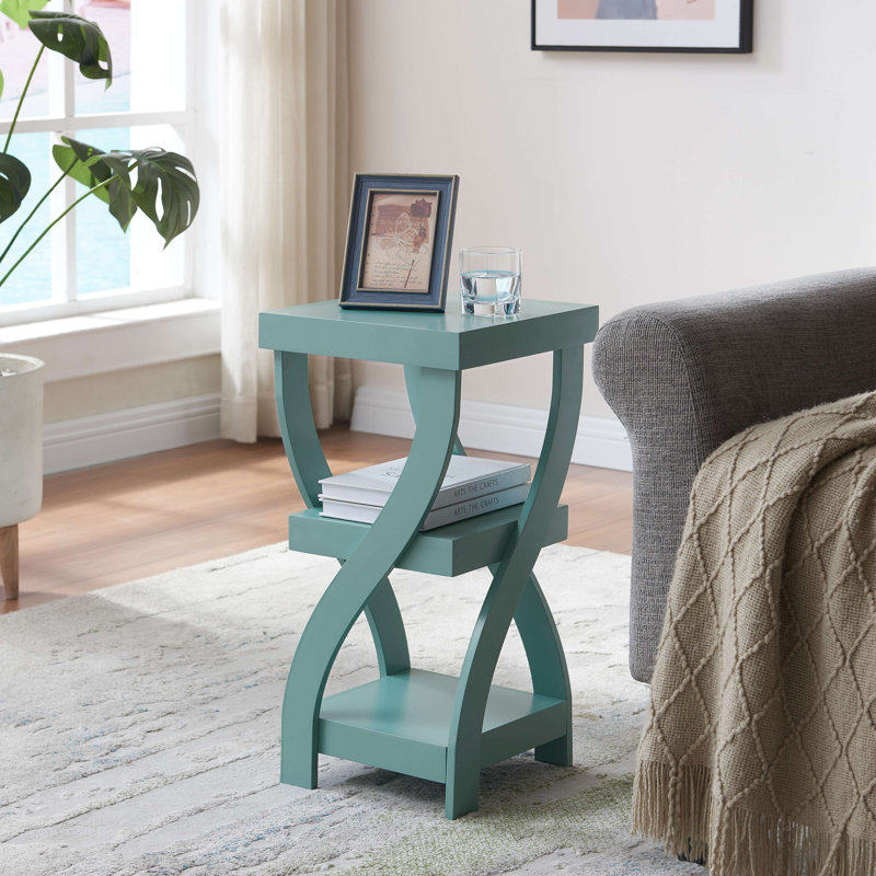 Table de bout décorative en bois torsadé, table d'appoint à 3 niveaux avec tablettes de rangement ouvertes, table de chevet étroite ou table de canapé pour la chambre à coucher, le salon et le bureau - Bleu sarcelle