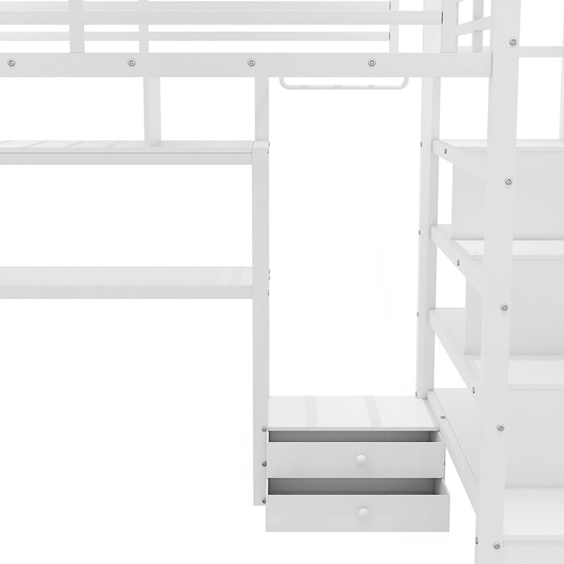 Lit mezzanine double avec lumière DEL et station de charge, lit mezzanine en métal avec bureau et escalier, lit mezzanine avec garde-robe