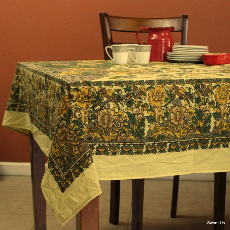 Floral Tree of Life 100% Cotton Square Tablecloth, Beige Yellow