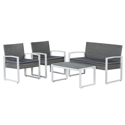 Elina Modern 4-Piece Gray PE Rattan Wicker Outdoor Patio Conversation Set with Cushions, White Steel Frame & Gray Acacia Wood Table