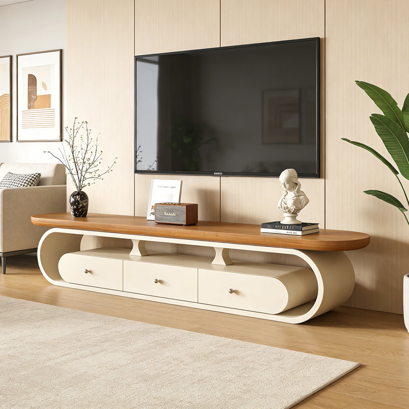 Meuble télé avec poignées en métal Vintage Luxury, H 16,53 po x L 86,61 po x l 13,77 po, Blanc / Brun