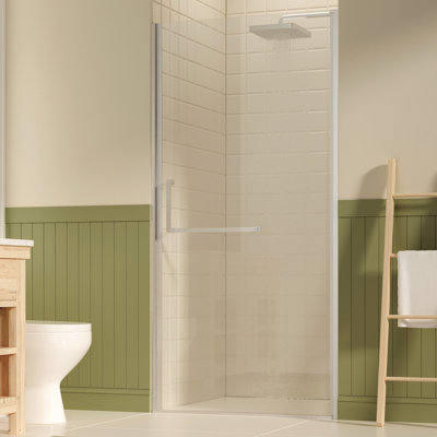 Porte de douche pivotante, l 35 à 36 po, H 72 po, verre trempé transparent de 1/4 po de 6 mm, film résistant, nickel brossé, revêtement Nano qui le garde impeccable, s'adapte aux murs de salle de bain non verticaux, installation réversible,