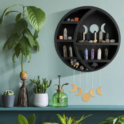 Wooden Moon Shelf For Crystals   Crescent Moon Crystal Shelf, Crystal Storage   Wall Hanging Shelves For Bedroom Aesthetic, Moon Phase Wall Decor  Crystal Display Shelf, Pinewood, White