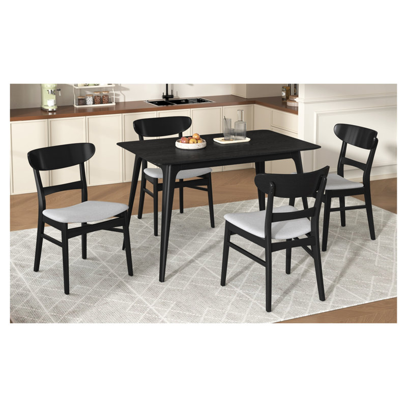 Ensemble de salle à manger 5 pièces de style Mid-Century moderne avec structure en bois d'hévéa, table noire et chaises rembourrées gris clair