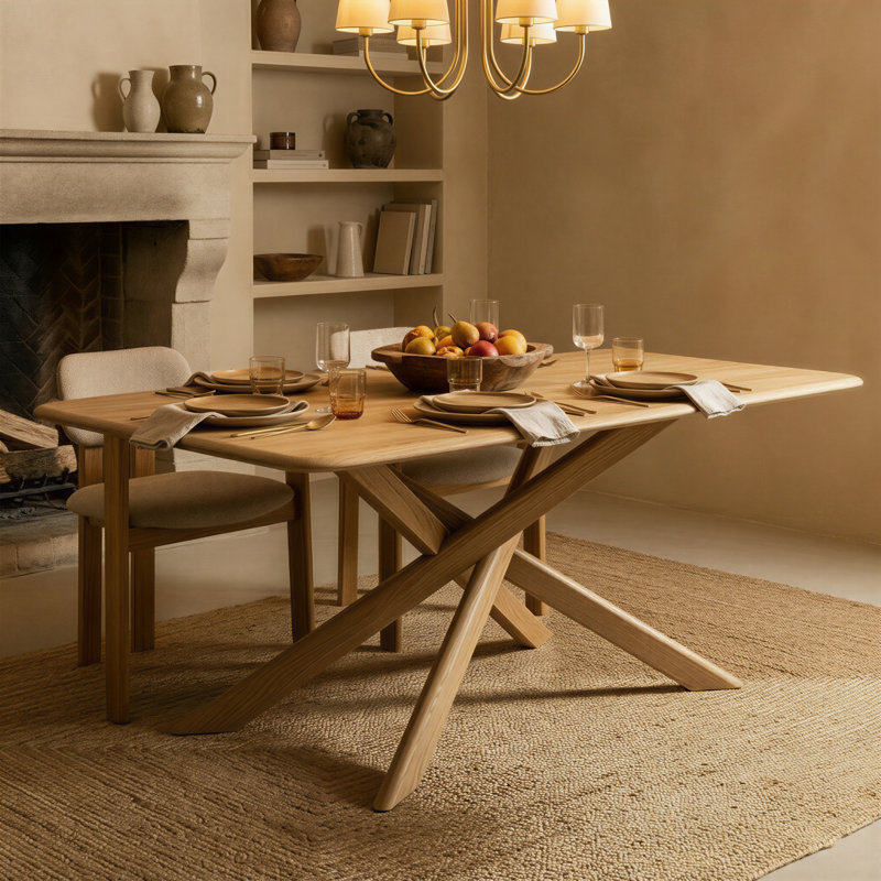 Cruz Modern USA Solid Oak Dining Table 78" with Crisscross Base Bourbon Oak Finish Modern Wooden Table Seats 6 to 8 People