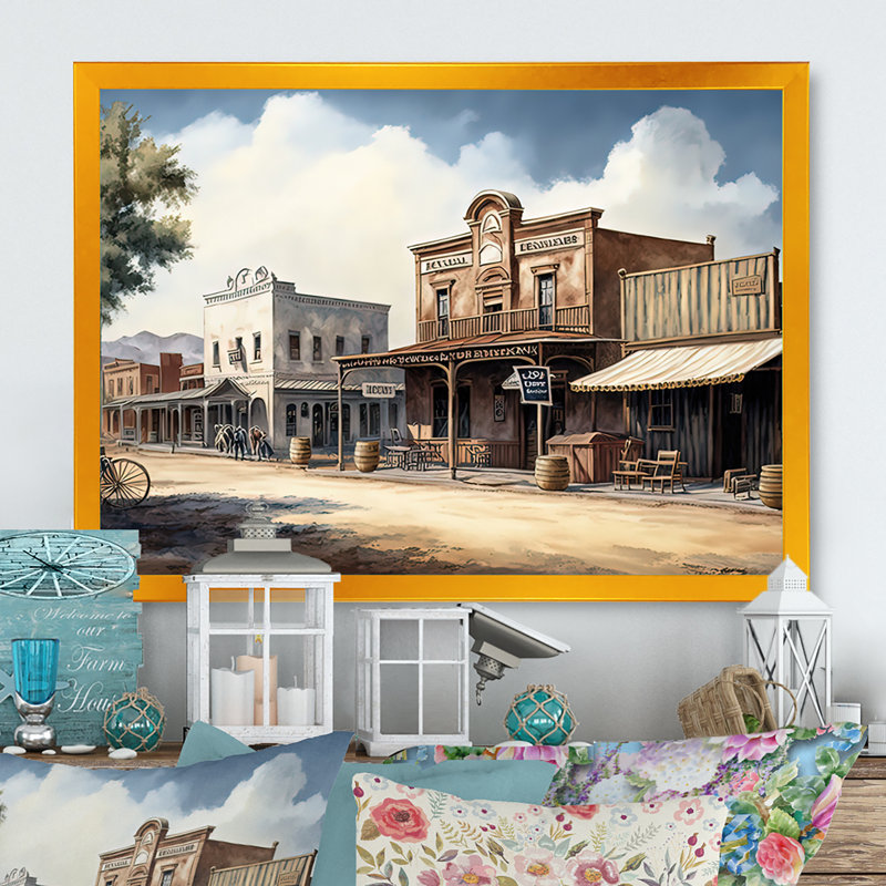 Arizona Wild West Town II - impression sur toile, Encadrement doré, H 30 po x l 40 po x P 1,5 po