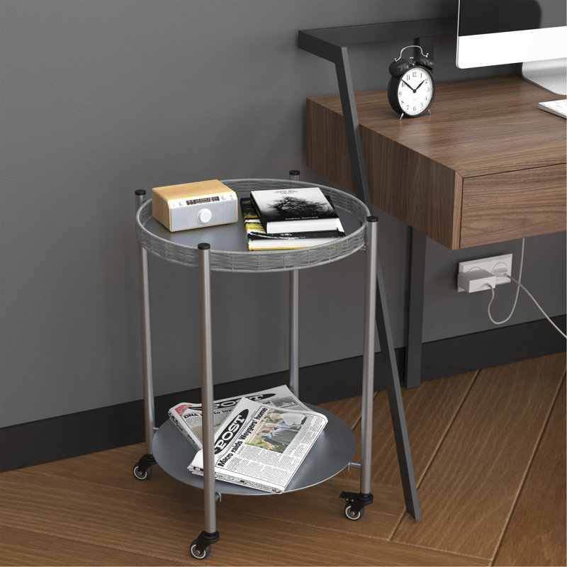 Table basse ronde à roulettes Tables d'appoint mobiles à 2 niveaux Table de chevet amovible en métal argenté pour tables de bout de salon de chambre à coucher à côté du canapé