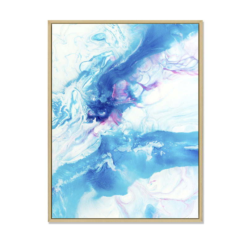 Vague bleue liquide sur blanc II - Peinture sur toile, H 44 po x l 34 po, Cadre flottant en érable