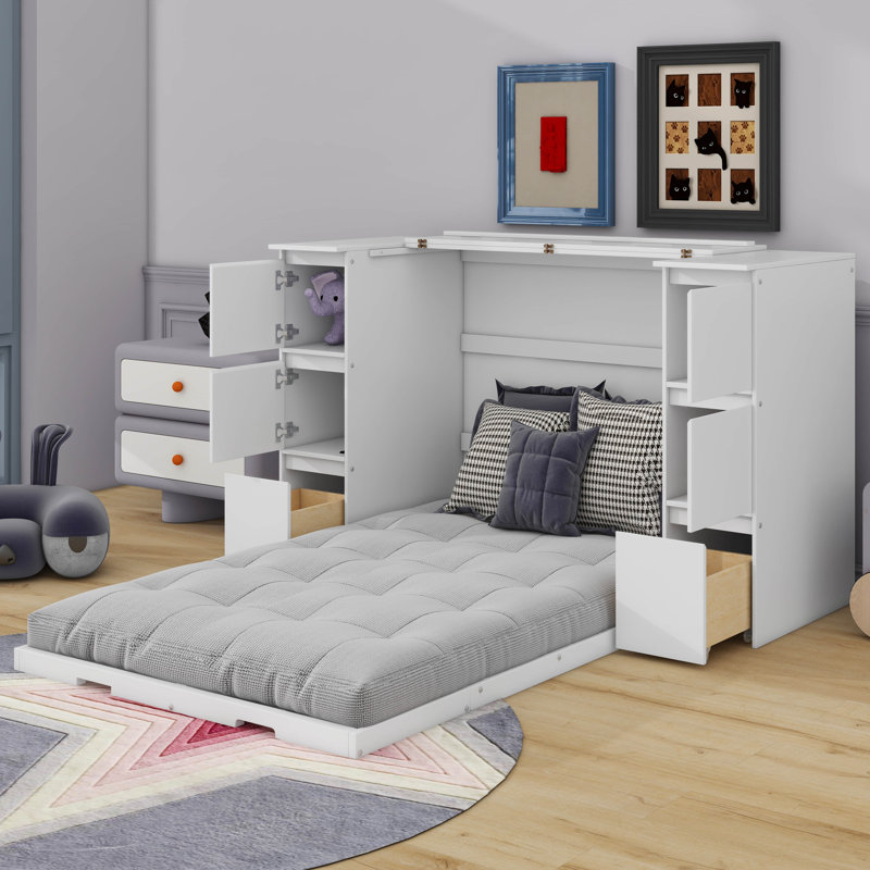Lit escamotable simple avec tiroirs et ports USB, Blanc