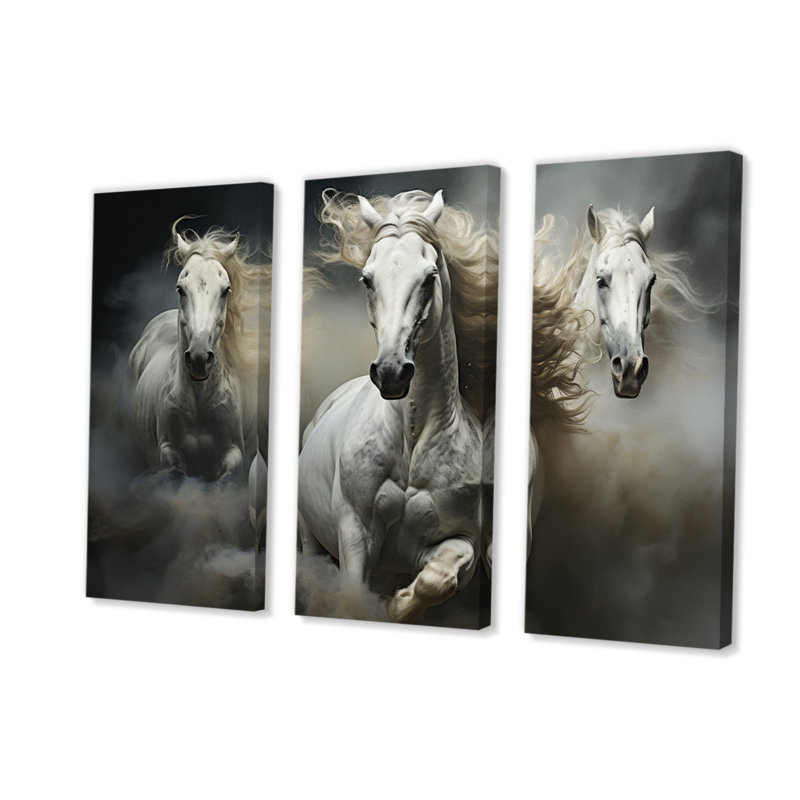 Cheval blanc beige harmonie équine sur toile, 3 pièces, H 28 po x l 36 po x P 1 po