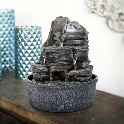 Fountains Indoor Tabletop Zen Water Fountain, Stone-Look w/ LED Spinning Crystal Ball, for Home Office Meditation | Resin | Waterfall