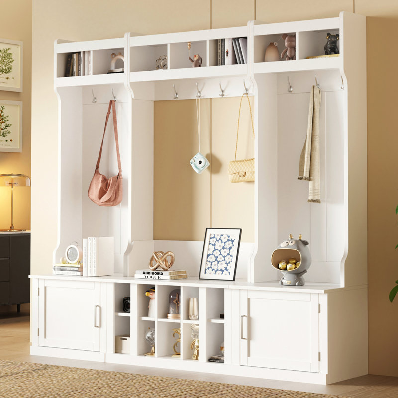 ON-TREND Wide Design Hall Tree With Storage And Bench, 4-IN-1 Multi-Functional Entryway Bench With Coat Rack And Shoe Cubbies, Practical Furniture For Hallway, Black(OLD SKU: SD000025AAB)