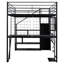 Lit mezzanine double en métal noir avec poste de travail intégré, garde-robe de rangement et escalier sécuritaire