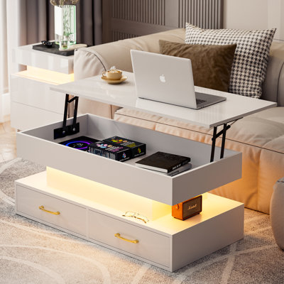 Table basse relevable Latitude Run® moderne laquée brillante avec éclairage DEL 16 couleurs, 2 tiroirs et compartiment de rangement dissimulé, pour salon, blanche