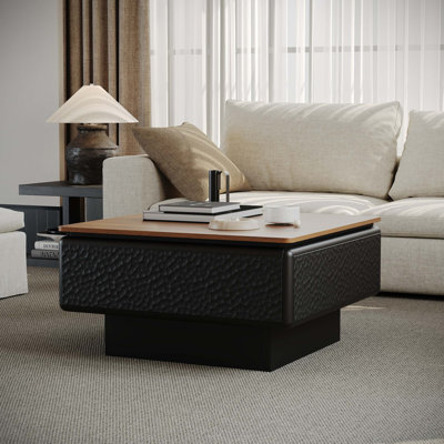 Table basse à plateau relevable de 31 pouces avec rangement caché, table centrale carrée moderne de style Mid-Century avec hauteur réglable et panneaux verticaux texturés.