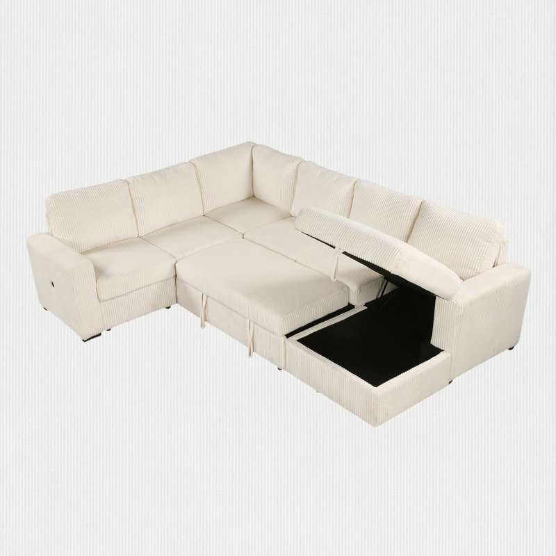 Canapé modulaire en U avec espace de rangement, Velours côtelé beige