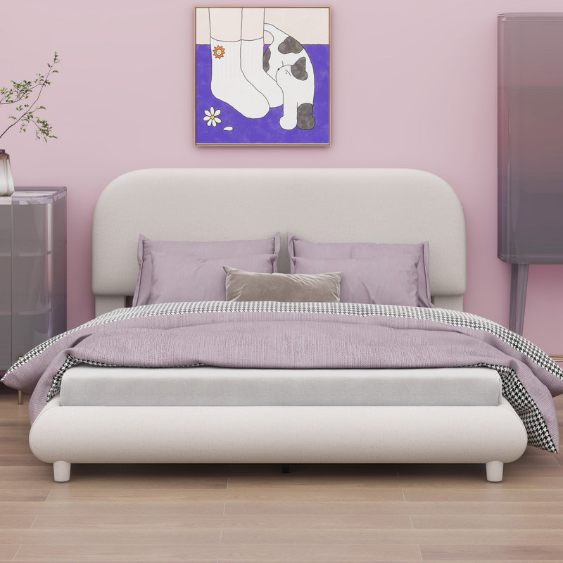 Lit plateforme tapissier avec tissu épais, structure solide et design courbé élégant, Beige