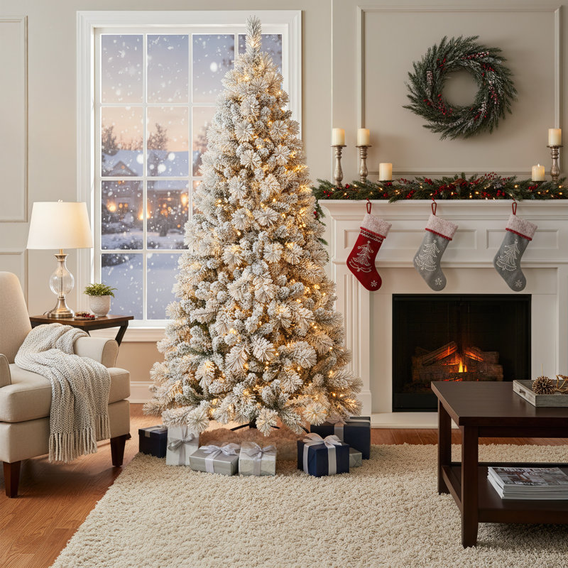 Hard Needle Mixed  Flocked Christmas Tree Decoration with Stand,Not Pre-Lit and Pre-Lit ,7 Sizes Available, 6' H