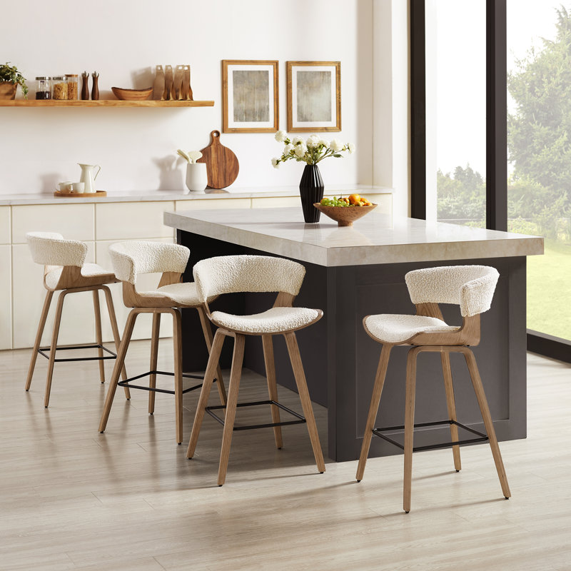 26.97" Boucle Upholstered Counter Stool With Wood Frame (Set of 4), Off-White