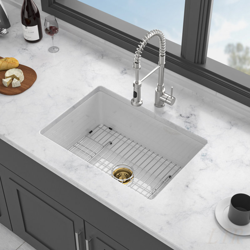 27x19x10 Undermount Single Bowl Fireclay Kitchen Sink - Durable and Easy to Clean White Porcelain Basin