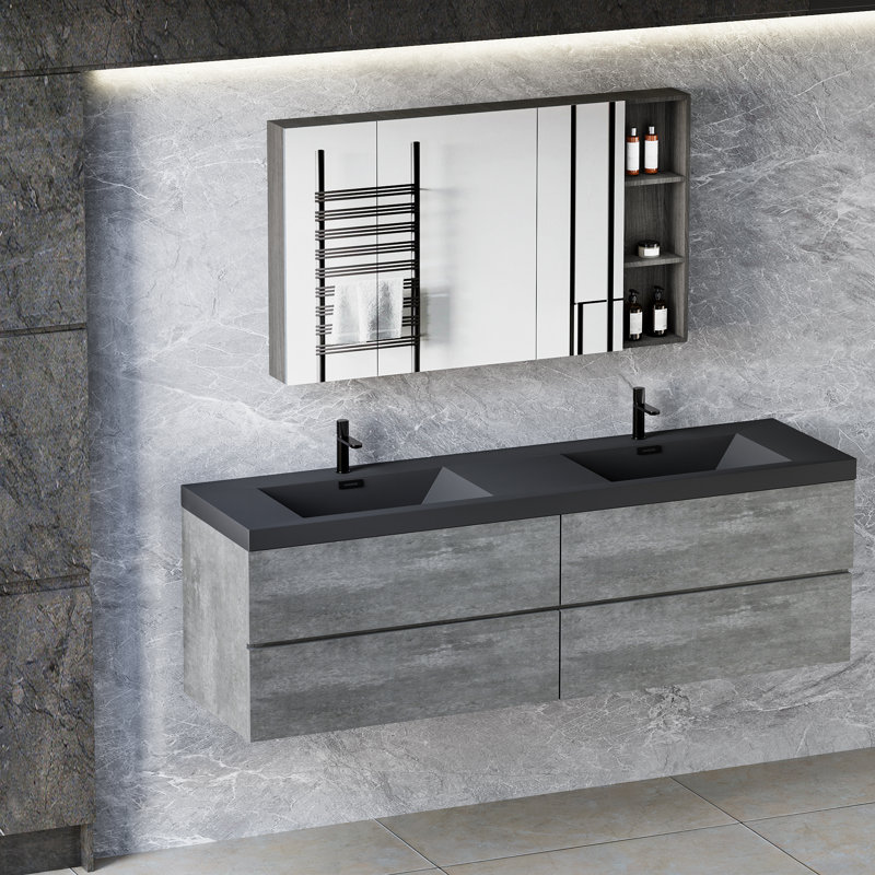 Gazel 72" Fully Assembled Double Floating Vanity Wall-Mounted Bathroom Vanity with 2 Integrated Quartz Sinks, 4 Drawers