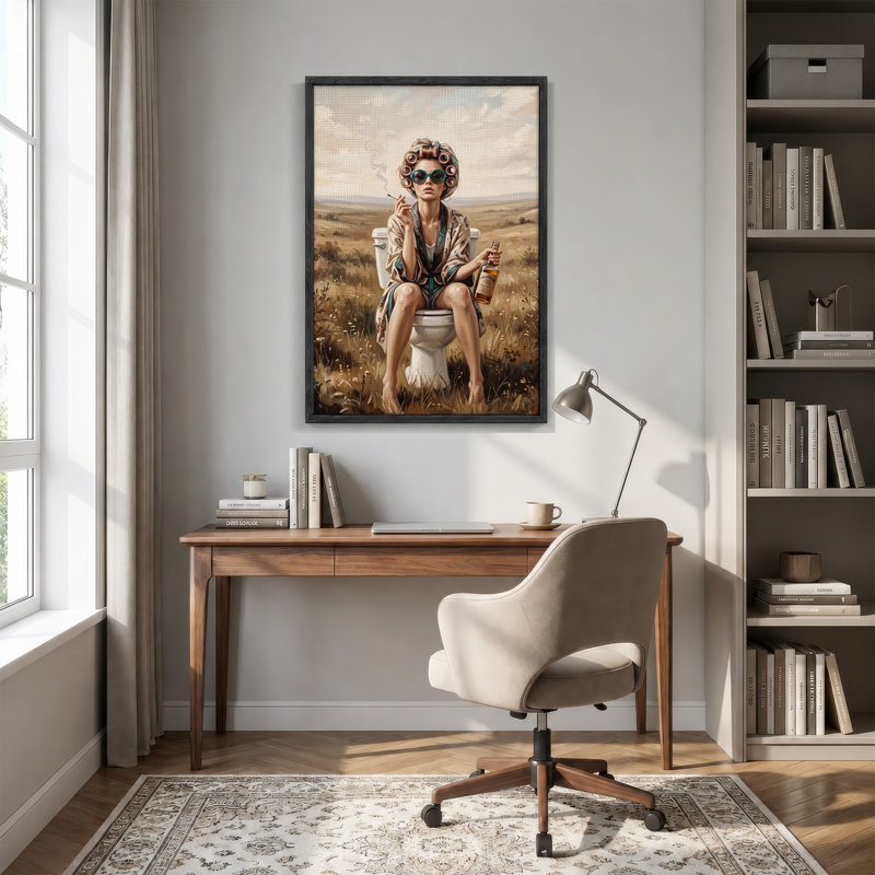 " Woman in Hair Rollers and Robe on Toilet in Field " Painting, 48"H x 36"W