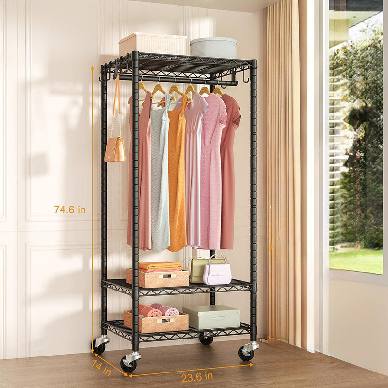 Heavy Duty Black Rolling Garment Rack with Adjustable Shelves