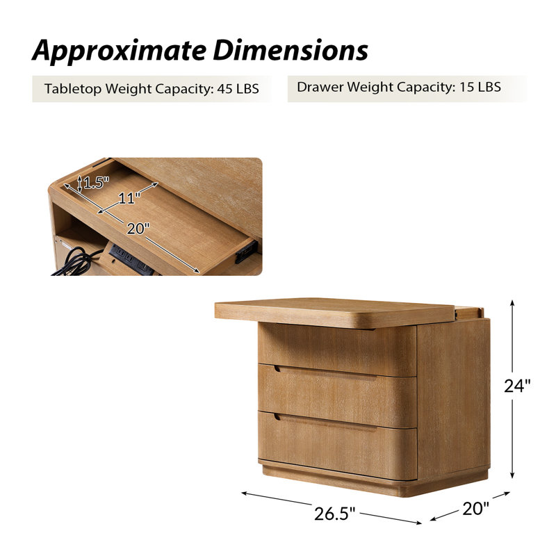 Table de chevet moderne à 3 tiroirs avec compartiment de rangement caché et station de charge Waynesville, Dérive en mer