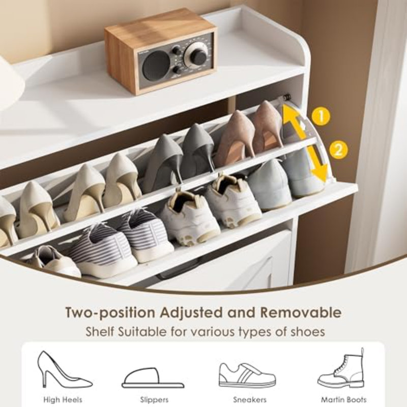 Shoe Cabinet With 2 Flip Drawers, Freestanding Shoe Organizer, Shoe Cabinet With Metal Legs, Narrow Shoe Rack Cabinet For Entryway, Foyer, Hallway, White