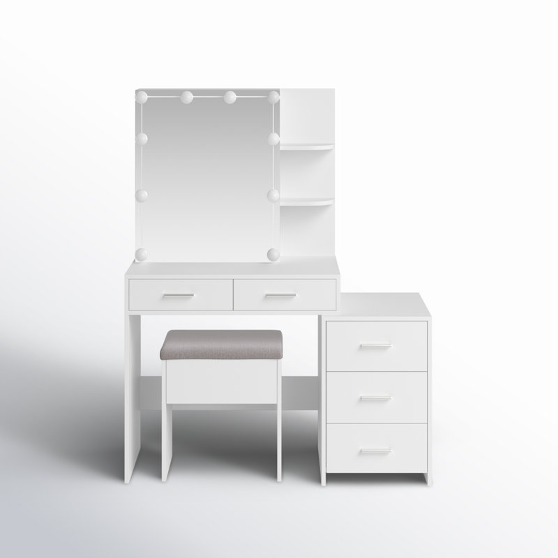 Calletano 44.3"Wide Makeup Vanity Set with Mirror Cabinet, Stool,5 Drawers, White
