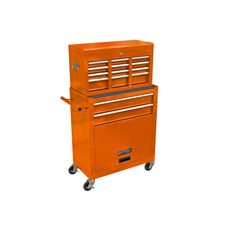 Coffre à outils roulant à grande capacité avec roulettes et tiroirs, armoire de rangement pour outils à 8 tiroirs, Orange