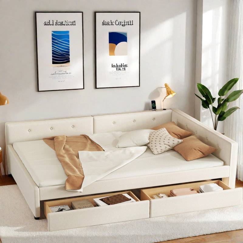 Lit plateforme tapissier avec ports USB et 2 tiroirs, Lit double