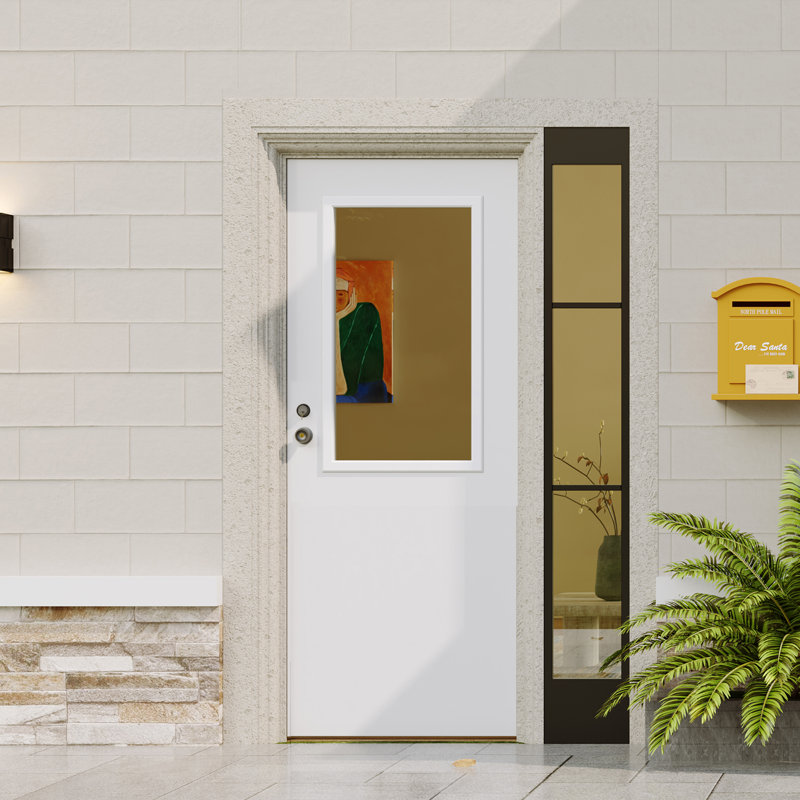 Dalle de porte d'entrée avec serrure à pêne dormant - 1 porte en bois massif apprêté en verre massif blanc Lite (système à clé unique)