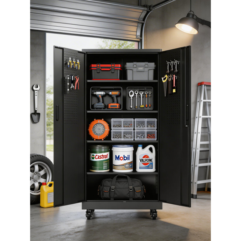 Black Steel Heavy-Duty Garage Locker With Door, Casters, 4 Adjustable Shelves, Lockable Tool Cabinet, Includes Hanging Panel And 8 Strong Hooks.