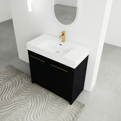 Bathroom Vanity With Resin Sink And Convenient Closing Door - 36 Inch Freestanding Black Chestnut Simply Unit