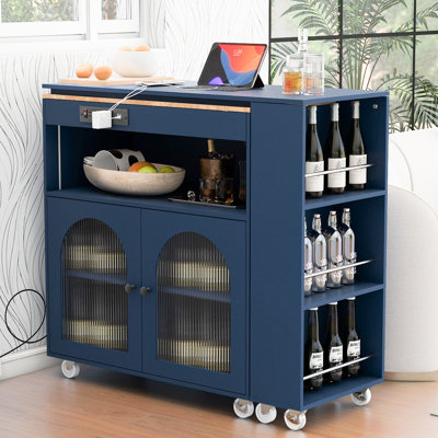Îlot de cuisine roulant avec plateau de table allongé, DEL, prises de courant, porte en verre cannelé, ports de rangement bleu marine, palette de couleurs