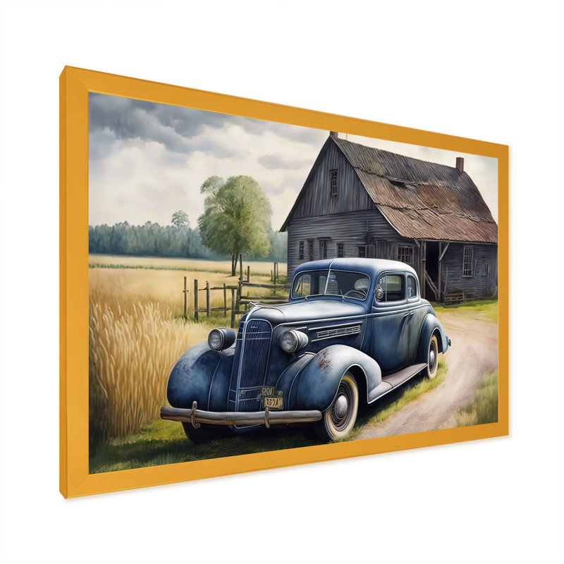 Vieille voiture bleue à la grange - peinture sur toile, H 24 po x l 32 po x P 1 po, Impression dorée sur toile encadrée