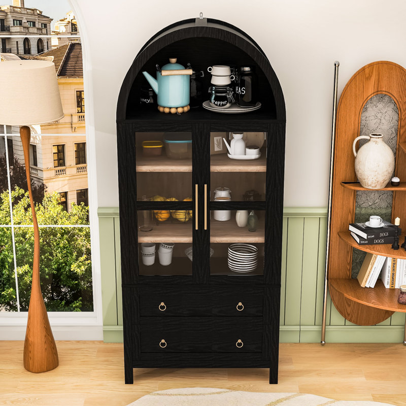 Élégante armoire de rangement arquée avec portes en verre, tablettes réglables et tiroirs, Noir