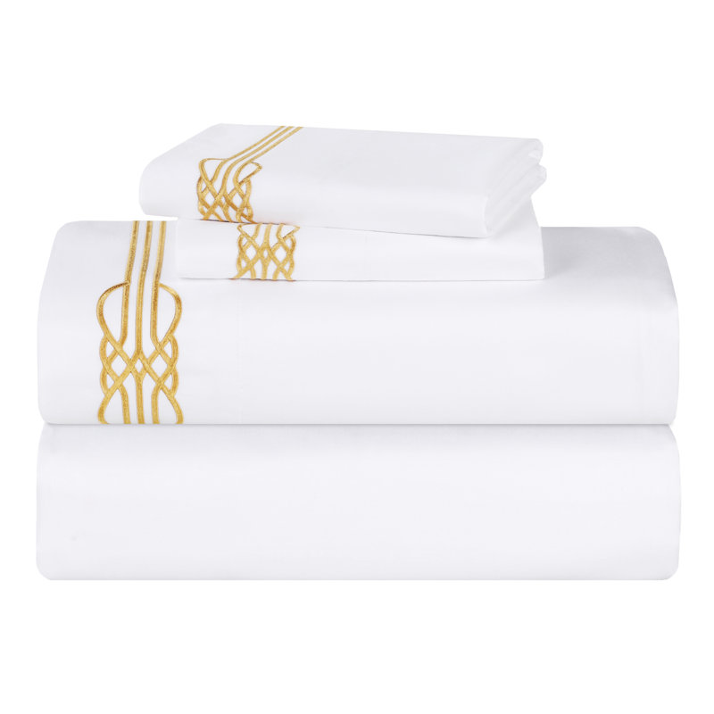 Ensemble de draps en coton brodé Moonlawn, Ensemble de draps pour lit simple avec 1 taie d'or, White/Gold