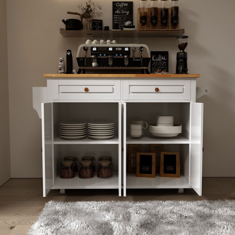 Îlot de cuisine avec plateau en bois massif Laronna, Blanc