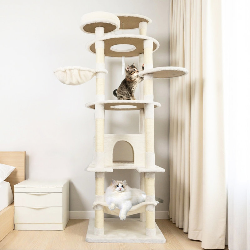 Arbre à chat de 78 pouces de couleur beige, avec corde, grand et perchoir - facile à monter pour les propriétaires avec plusieurs poteaux à griffer pour chats, assemblage de condos